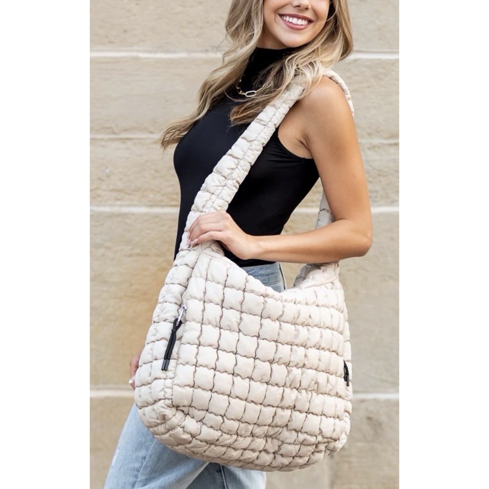 Urban Expressions Leda Quilted Square Nylon‎ Puffer Hobo Bag Purse Natural